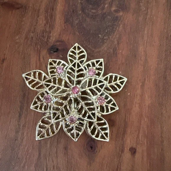 Vintage Christmas Poinsettia, Snowflake, Flowers Gold Tone Brooch