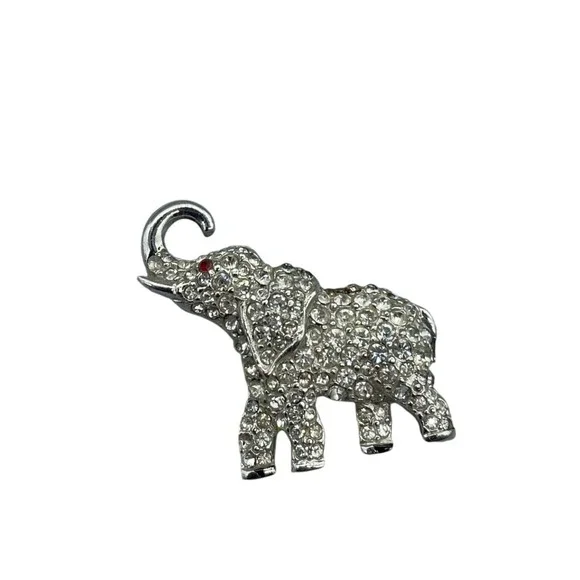 Vintage Elephant Brooch Silver Tone Pave Rhinestone Red Eye‎ Pin