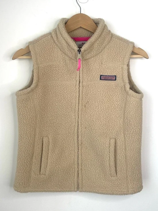 Vineyard Vines girls Beige Fleece Vest with Pink Highlights size Medium