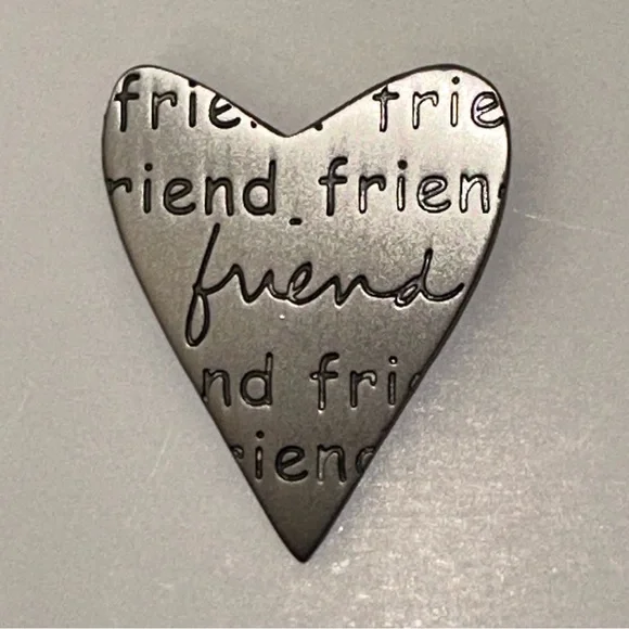 Friend Heart Pewter Tone Heart-Shaped Brooch Signed Sandra Magsamen‎