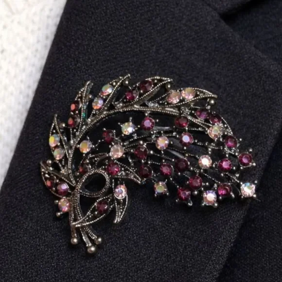 Vintage Aurora Borealis Rhinestone Floral Spray Brooch Gunmetal Statement Pin 2