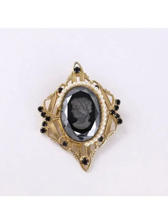 Vintage Intaglio Cameo Brooch Black Glass Pearl Gothic Victorian Pin Flawed 2