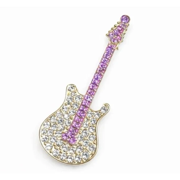 Purple Rhinestone Electric Guitar Brooch with Gold Tone Metal Accent Pin 2.25