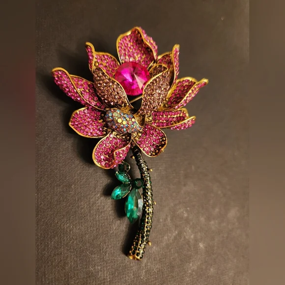 Rhinestone Chunky Statement Pink and Green Floral Brooch New Fashion Trendy