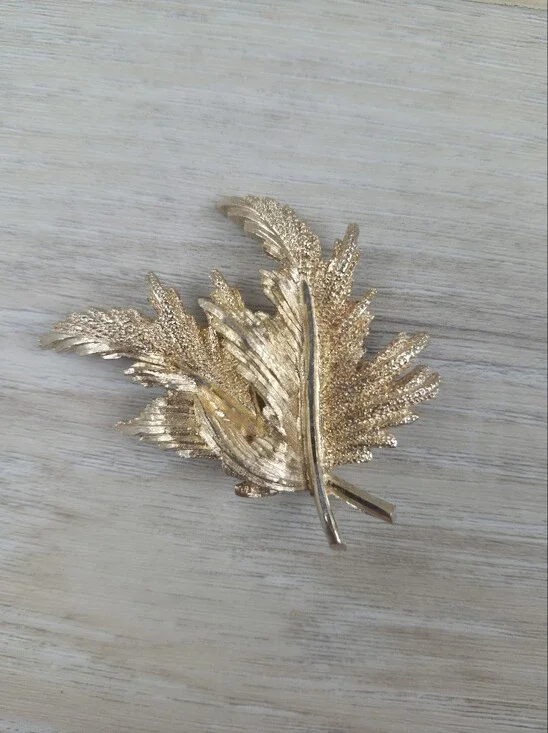 Vintage Gold Leaf Brooch Pin Textured Mid Century Statement Costume Jewelry