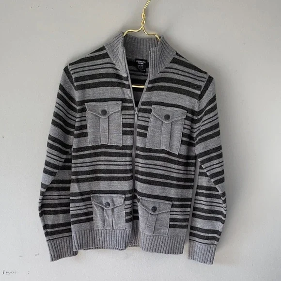 Boys Striped Zip-Up Sweater - Gray