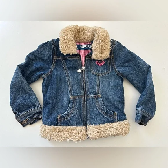 Vintage Girls ROXY Shaggy Faux Fur Lined Collar Zip Up Denim Jean Jacket Size 5