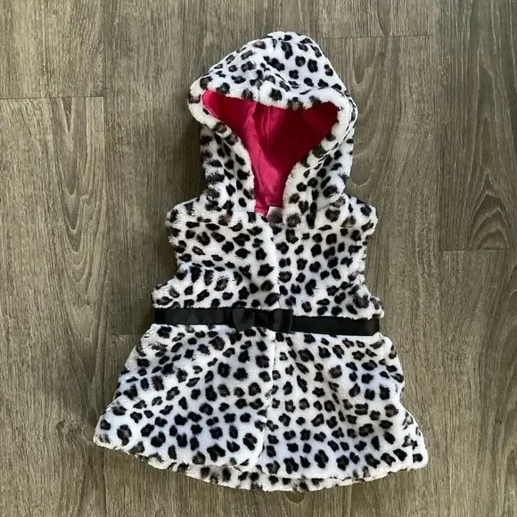 Faux Fur Hooded Leopard Print‎ Pink Vest Jacket Toddler Girls Size 4T EUC