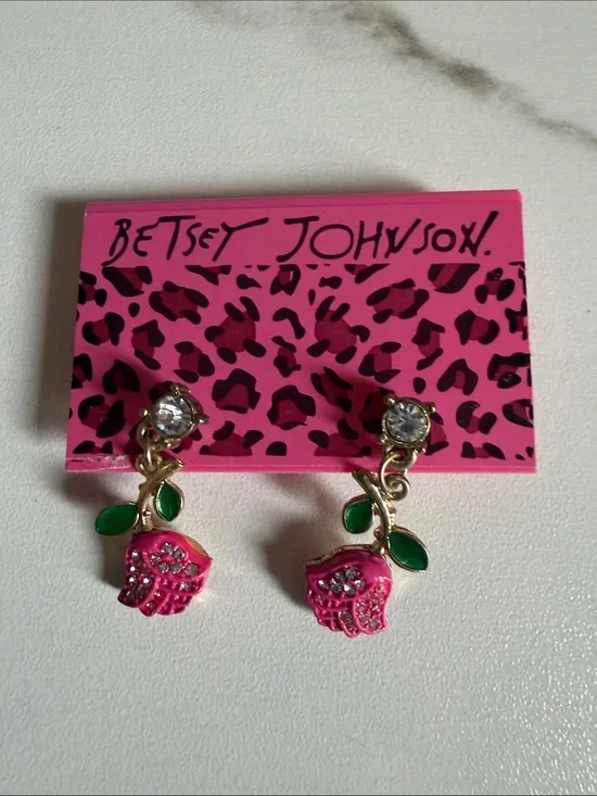 Betsey Johnson Pink Flower and Green Leaf Drop Earrings with Crystal Studs
