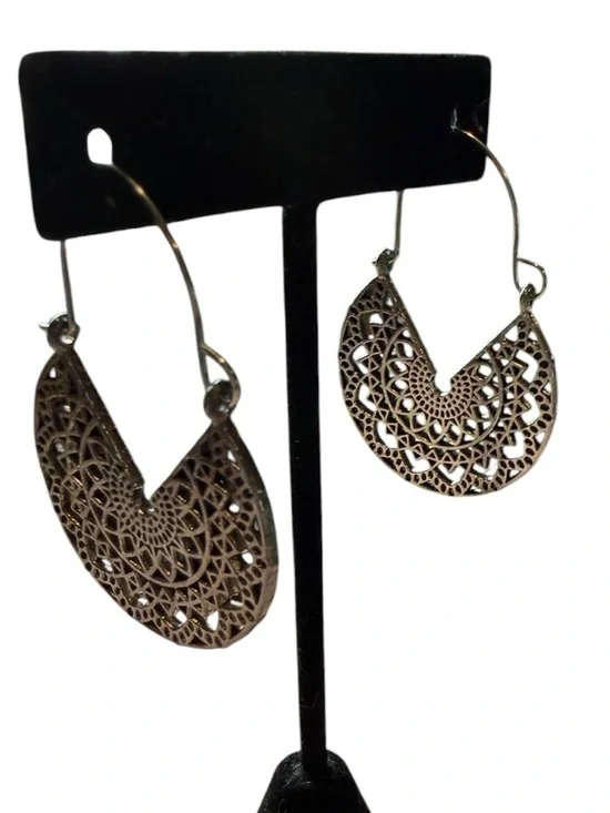 NWT Silver Boho Filigree Mandala Fan Drop Earrings Geometric Statement