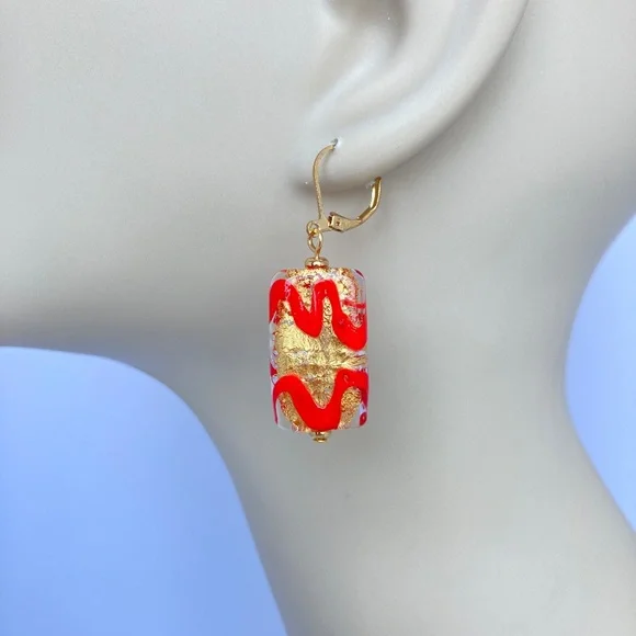 Art Glass Earrings, Handmade, Clear & Red Glass, Genuine Gold, Lamp Work