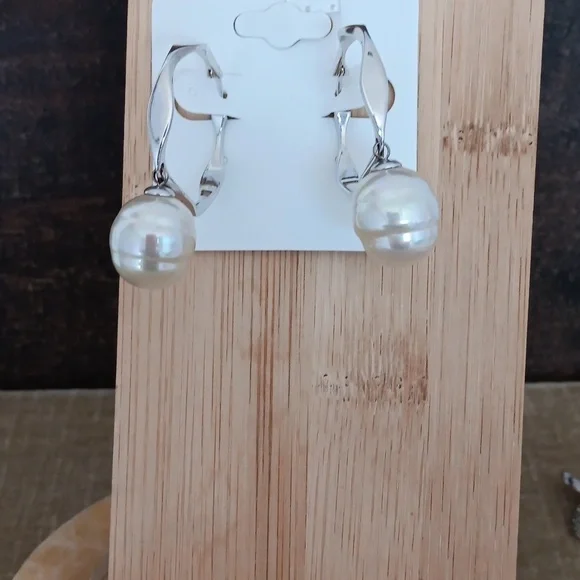 Silver Wavy Chunky Latch Back Faux Pearl Bead Earrings