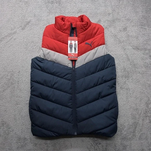 Puma Puffer Vest Boys Medium 10/12 Red Gray Navy Quilted‎ Sleeveless Zip Front