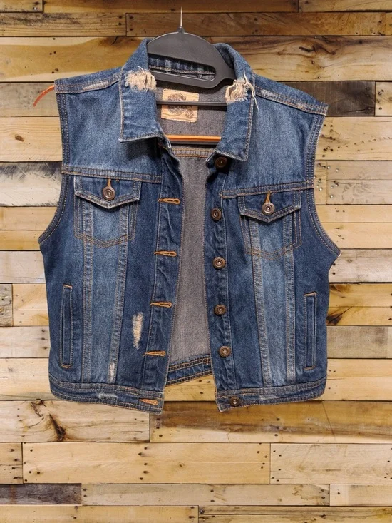I&M Jeans Distressed Denim Vest Medium Wash Button Front Blue Size Medium