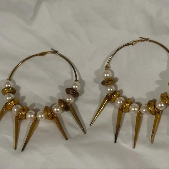 Gold and Pearl Spike Hoop Earrings