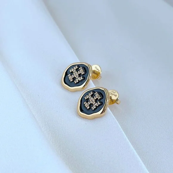 Tory Burch Gold and Black Logo Stud Earrings