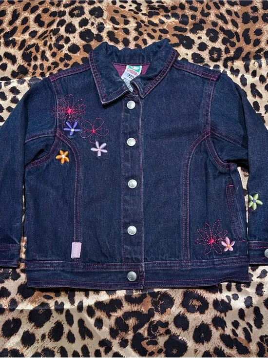 Vintage Y2K Gymboree Dark Wash Denim Jacket with Embroidered Flowers