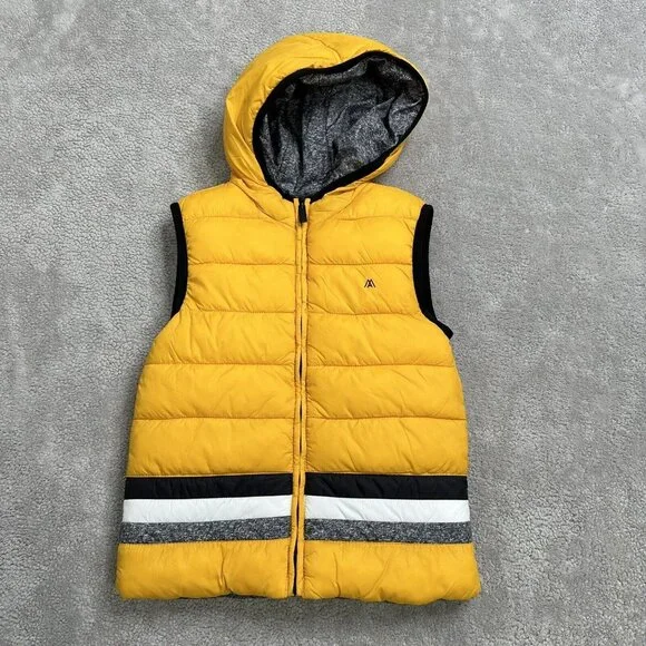 Mayoral Boy's Reversible Puffer Vest Hood Zip Size 4 Gray Yellow White Blue