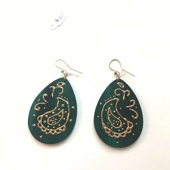 Wooden‎ Dangle Teardrop Earrings Teal With Gold Paint