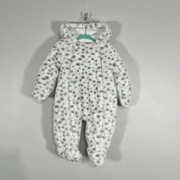 First Wish Snowsuit Baby Girl Infant 9-12 Mon Leopard Print Faux Fur Snow Bib‎