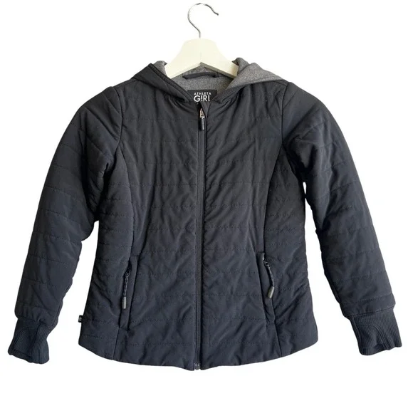 Athleta Girl Black Quilted Hooded Jacket XS 6 Full Zip Puffer Activewear
