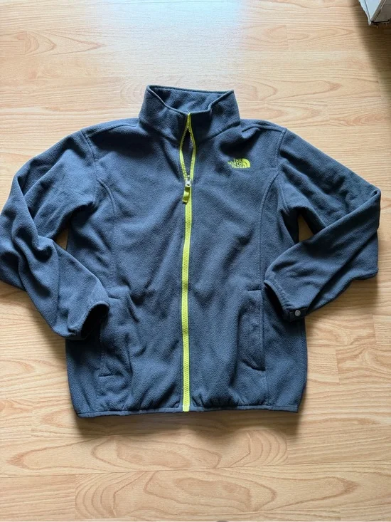 Boys North Face Fleece zip-up jacket outdoors play warm winter fall neon green