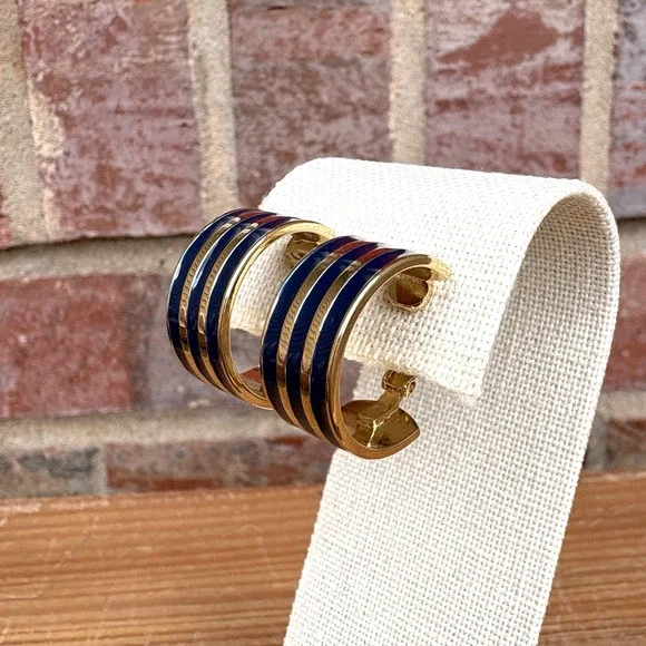 Vintage Trifari Navy‎ Blue & Gold Tone Stripes Hoop Clip on Earrings