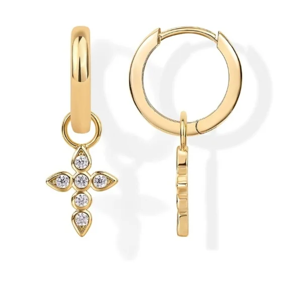 14K Gold Plated Lightweight Drop Dangle Huggie Hoop Cross Earrings