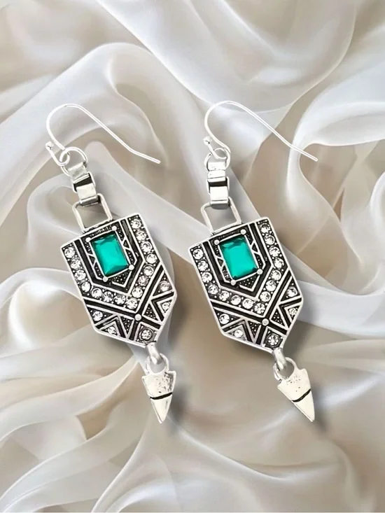 Retro vintage Silver and Green Geometric Earrings