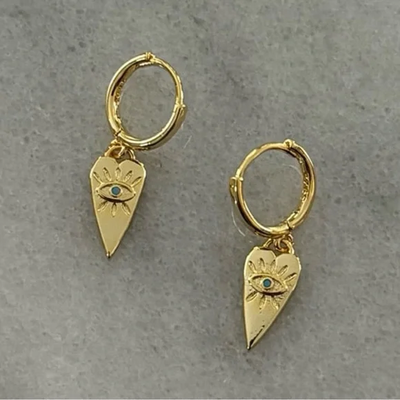 Gold Heart Pendant Turquoise Evil Eye Charm Hoop Dangle Earrings  Brand New