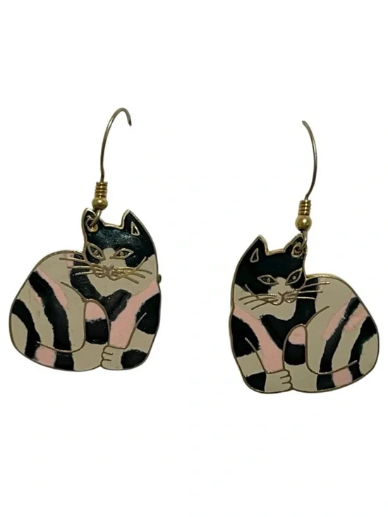 Vintage Meow Cat Enamel Dangle Earrings Gold Tone Rim Black Pink Cream Feline