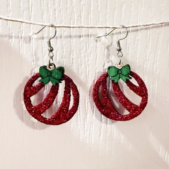 Handmade! Elegant Christmas Ball Wooden Glitter Earrings