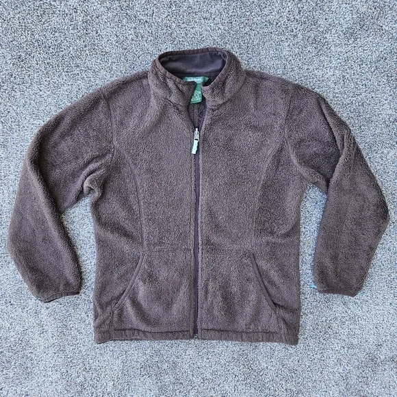 LL Bean Sherpa Fleece Brown Full Zip Jacket Sweatshirt Vintage Youth L 14-16