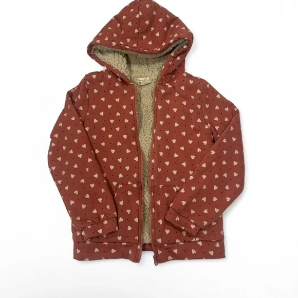 |Emma & Elsa| Girls Large Heart Zip-up Sherpa Hoodie Pink Cream with Black Dots