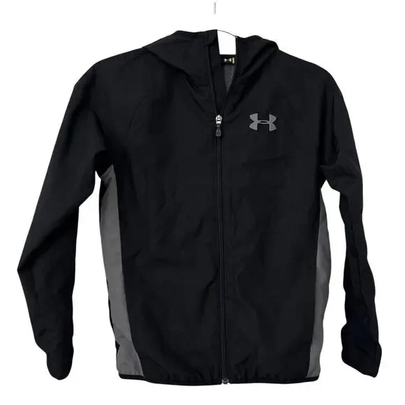 Under Armour Black Gray Full Zip Lightweight Hooded Jacket Youth Medium 10/12