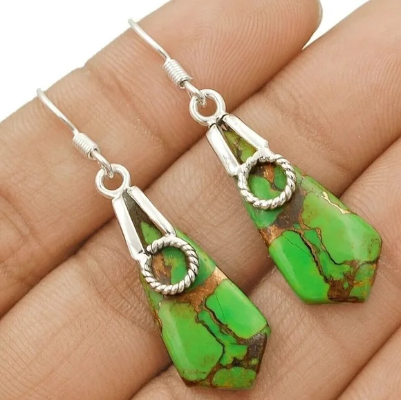 NWT Natural Golden Turquoise 925 Solid Sterling Silver Earrings HANDMADE