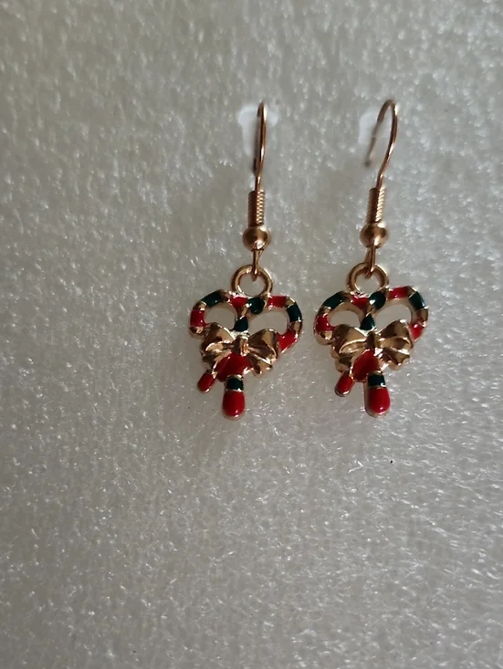 Hand Crafted Gold-Tone Heart Earrings with Red and Green Enamel