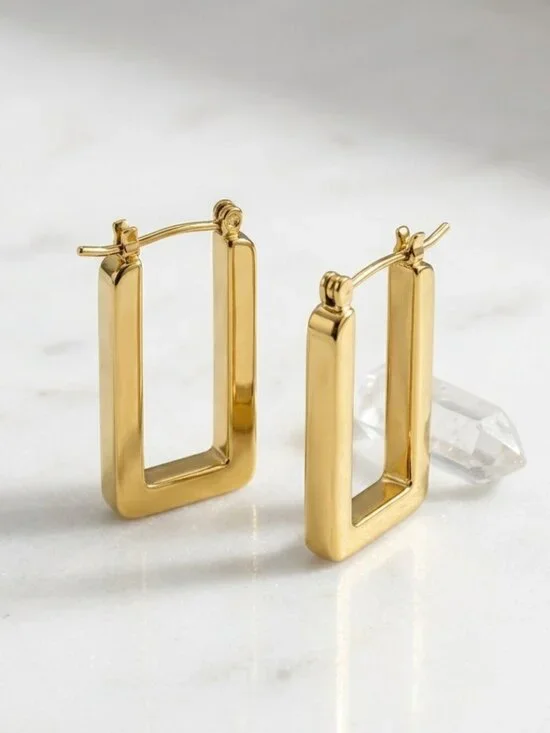 Minimalist Old Money 18K Gold Rectangle Geometric Drop Hoop Earrings NWT