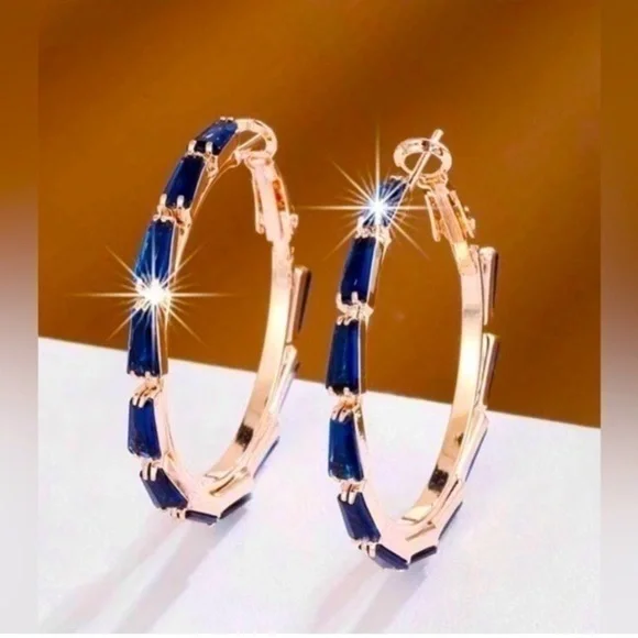 Rose Gold Dark Blue Spinel Hoop Earrings