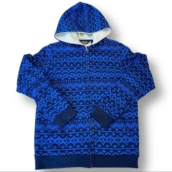 Lands’ End Sherpa jacket zip hoodie youth L blue black geometric ikat pattern