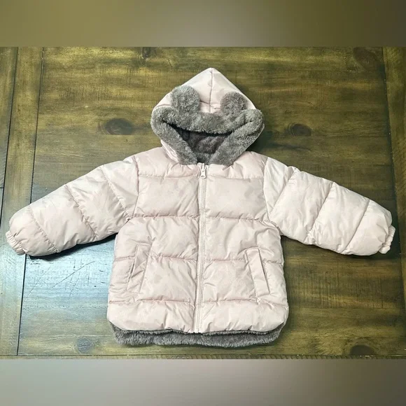 Toddler‎ Girls Pink Puffer Coat w/ Faux Fur Lined Hood (Bear Ears!) Size 2T