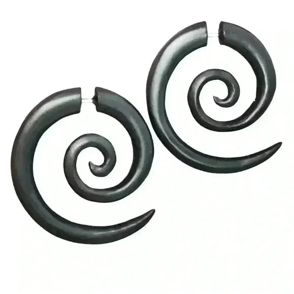 New Organic wooden spiral hoop earrings fake gauges by umbrellalaboratory