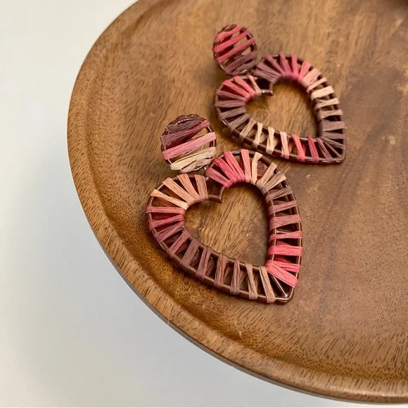 3/$20 Statement Piece Raffia Gradient Red Brown Color Heart Drop Earrings