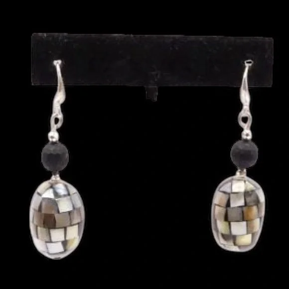 Sterling Oval Mother of Pearl Inlay Disco Ball Hook Back Earrings