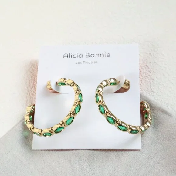 Alicia Bonnie Gold Radiant Green Crystal Abbie Hoop Earrings NEW