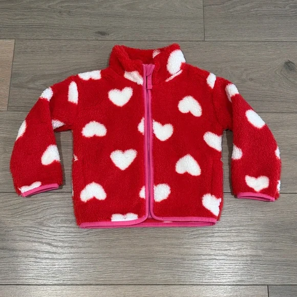 JUMPING BEANS Red White Heart Pink Sherpa‎ Full Zip Cozy Jacket Size 3T