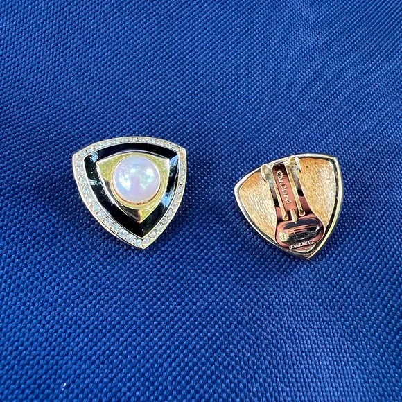 Vintage Dior Signed Black‎ Enamel, Pearl, Crystal Shield Clip on earrings