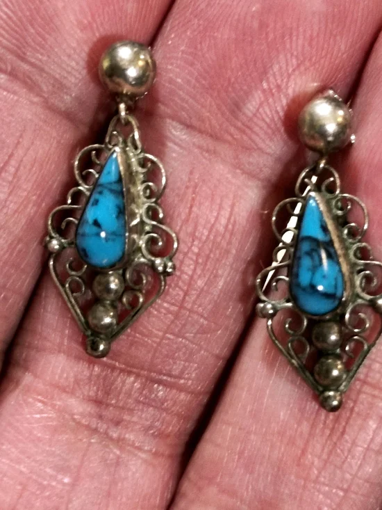 Vintage Sterling Silver Turquoise Teardrop Filigree Drop Signed Mexico Earrings