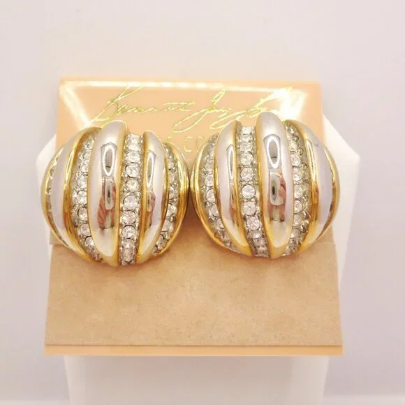 Kenneth Jay Lane Earrings Gold Plate Crystals Clips On Card NWT Perfect 32685