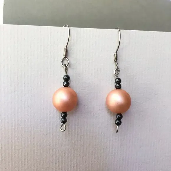 Peach and Gray Dangle Statement Earrings Hook Upcycled Faux Pearls Handmade Gift